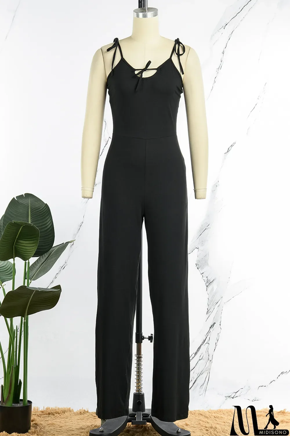 MidiSono - Tangerine Red Sexy Casual Solid Bandage Backless Spaghetti Strap Regular Jumpsuits