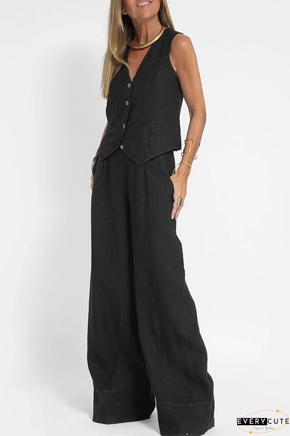 Eddie Linen Blend Button Vest and Elastic Waist Pocketed Wide Leg Pants Set