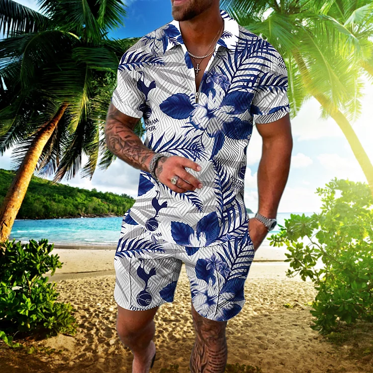 BrosWear Blue Hawaiian Floral Print Polo Shirt And Shorts Co-Ord