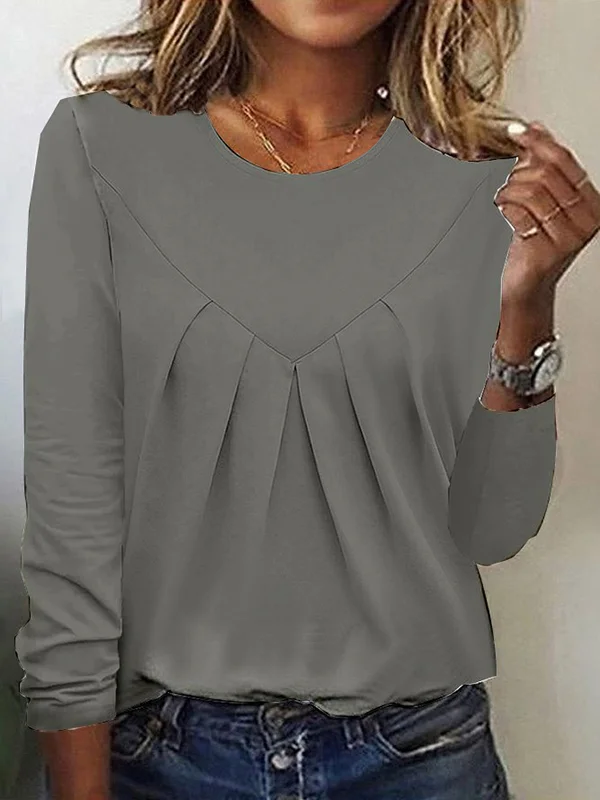 Pleated Solid Color Split-Joint Long Sleeves Loose Round-Neck T-Shirts Tops
