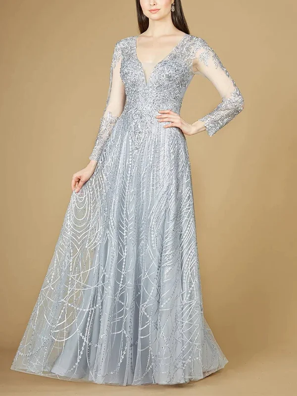 Long Sheer Sleeve V Neck Maxi Dress