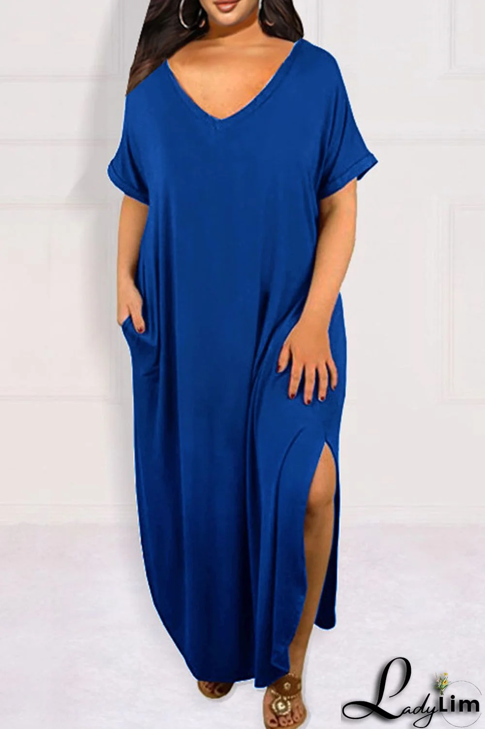 Blue Casual Solid Patchwork Slit V Neck T-shirt Dress Plus Size Dresses