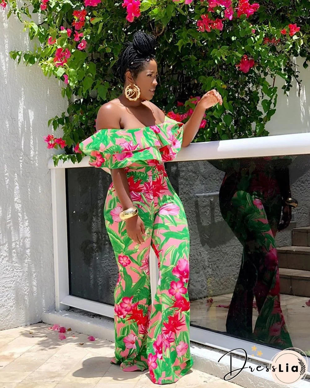 Sexy Off Shoulder Ruffles Floral Printed Wide-legs Jumpsuit