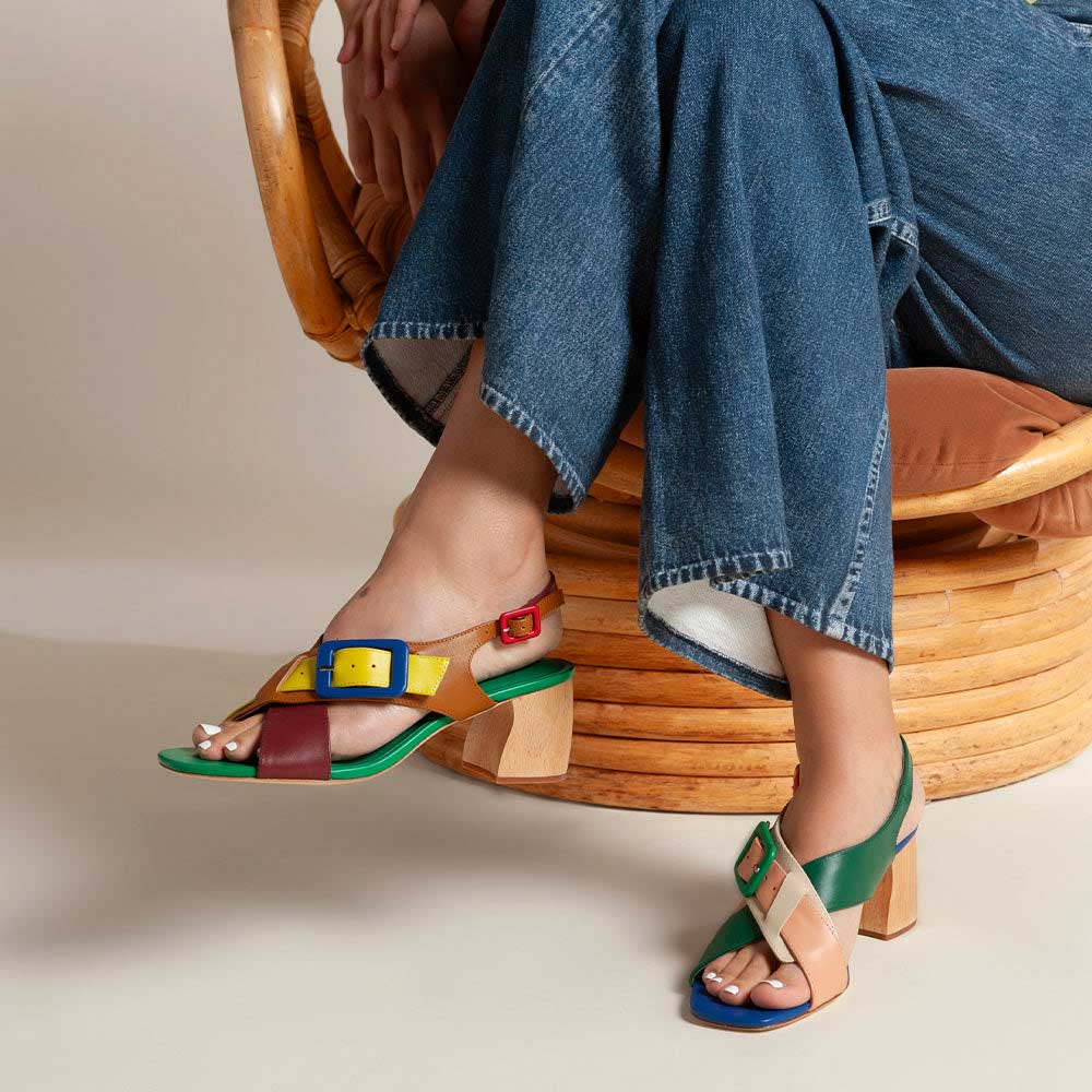 Multi Color Open Toe Block Heel Cross Strap Buckle Sandals Nicepairs
