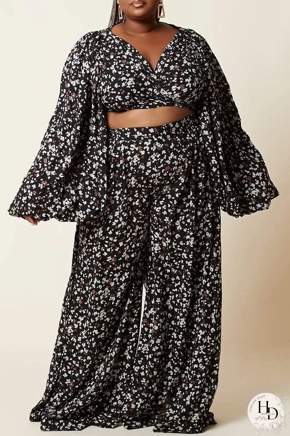 Black Fashion Casual Print Bandage V Neck Long Sleeve Two Pieces