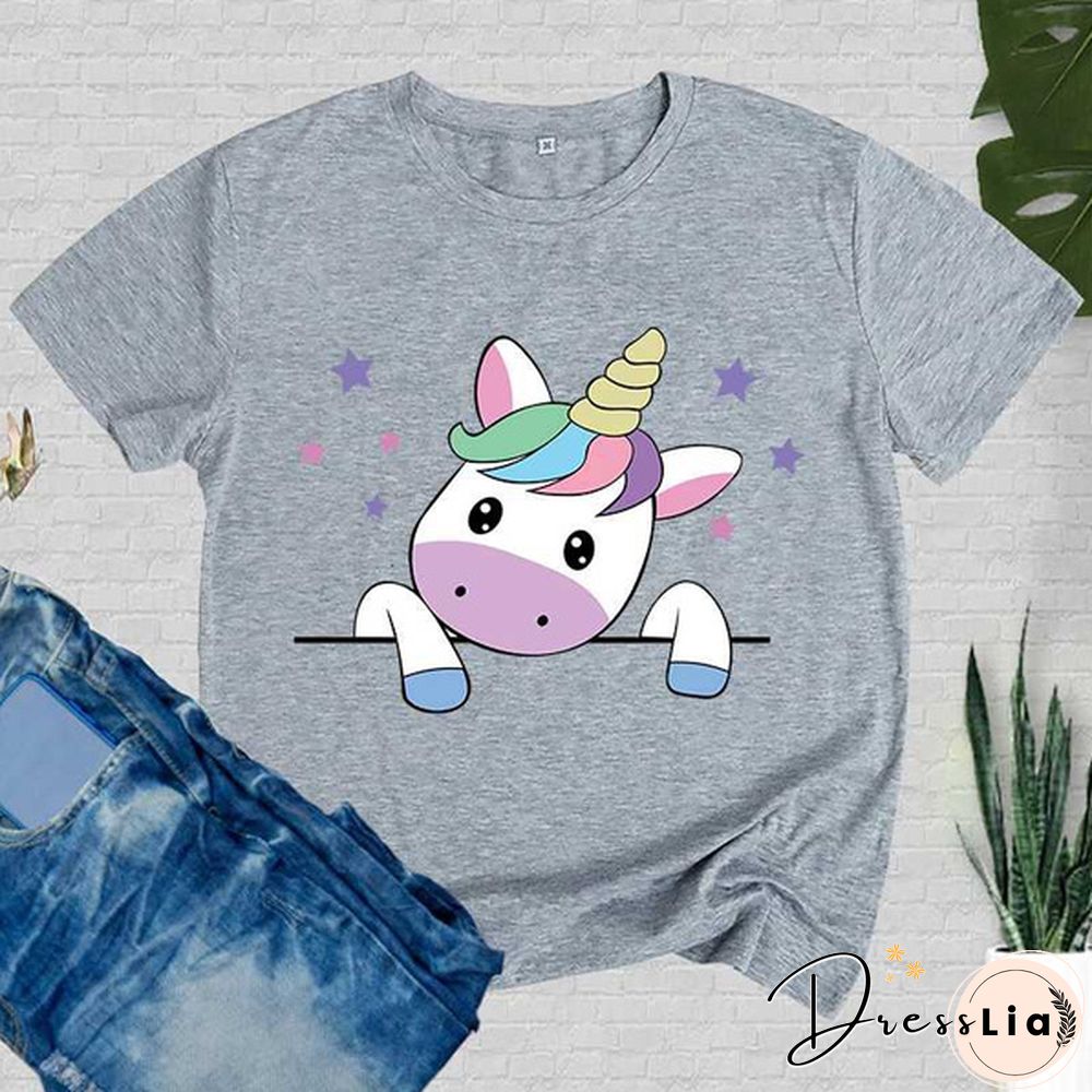 Women T-Shirt Unicorn Print Short Sleeve Casual Tee Round Neck Tops