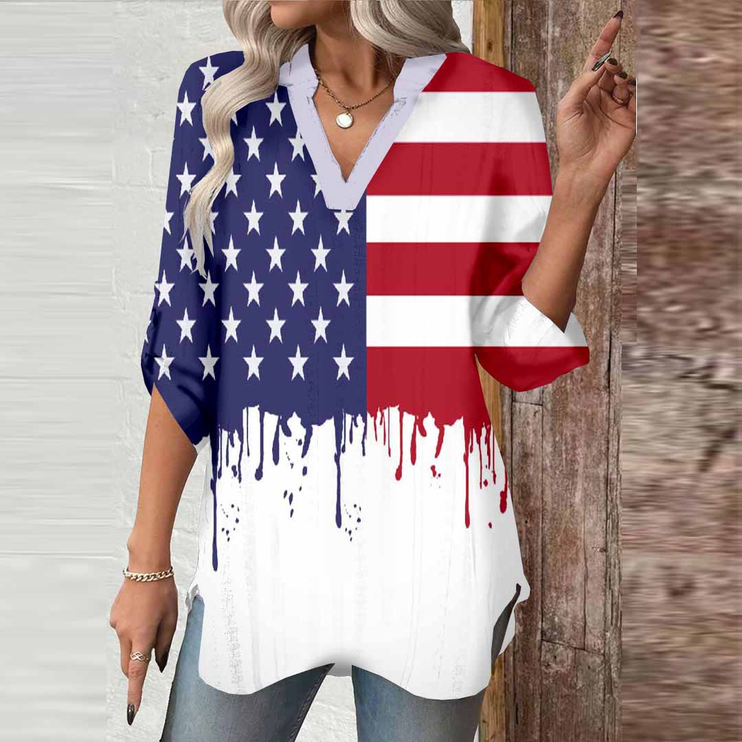 Women  Independence Day, Star, Striped, Blue, Red DZGA0221 3/4 Sleeve V-neck Printed Graphic Button Tops