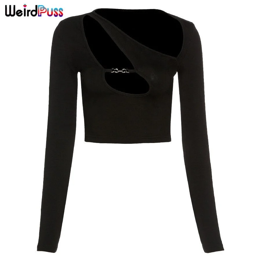 Weird Puss Women Sexy Hollow Out Tops Cut Out Hole Skew Solid Collar T-Shirt Solid Asymmetrical Gothic Hot Street Party Clubwear