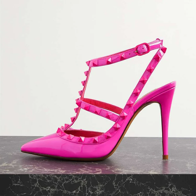 Hot Pink Stiletto Pump Women's Pointy Evening Patent Shoes Studs Heels |FSJ Shoes