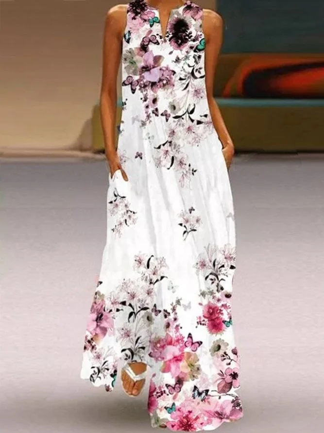 Basic Floral V Neck Floral-Print Dresses White Dresses | EGEMISS