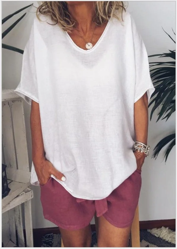 Solid color loose short-sleeved casual cotton and linen T-shirt