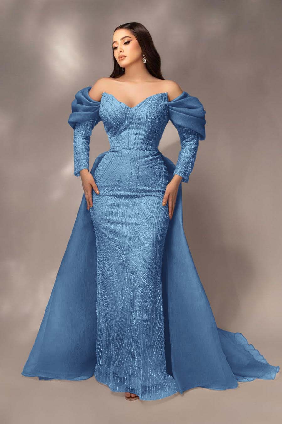 Daisda Glamorous Sequins Off the Shoulder Long Sleeves Mermaid Prom Dress with Pleated
