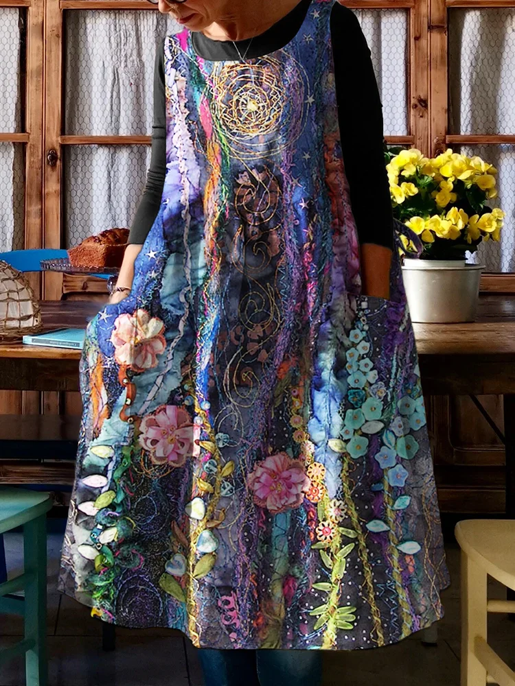 Night Garden Fiber Art Pleated Midi Dress
