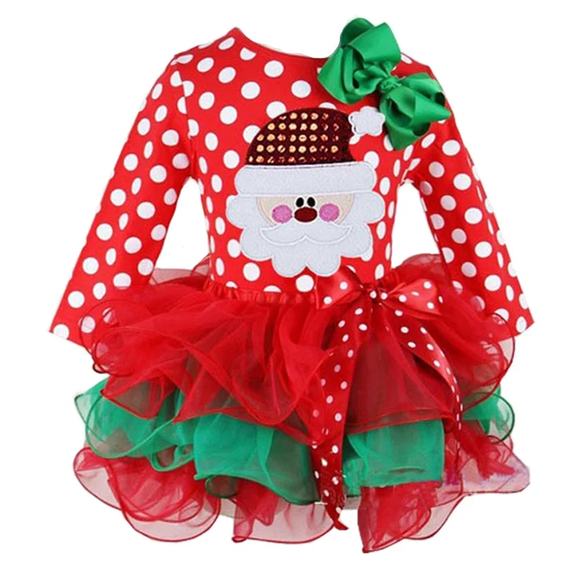 Polka Dot Baby Girl Christmas Santa Dress Cartoon Snowman Print Tutu Red Long Sleeves Toddler Xmas Party Dress New Year Costume