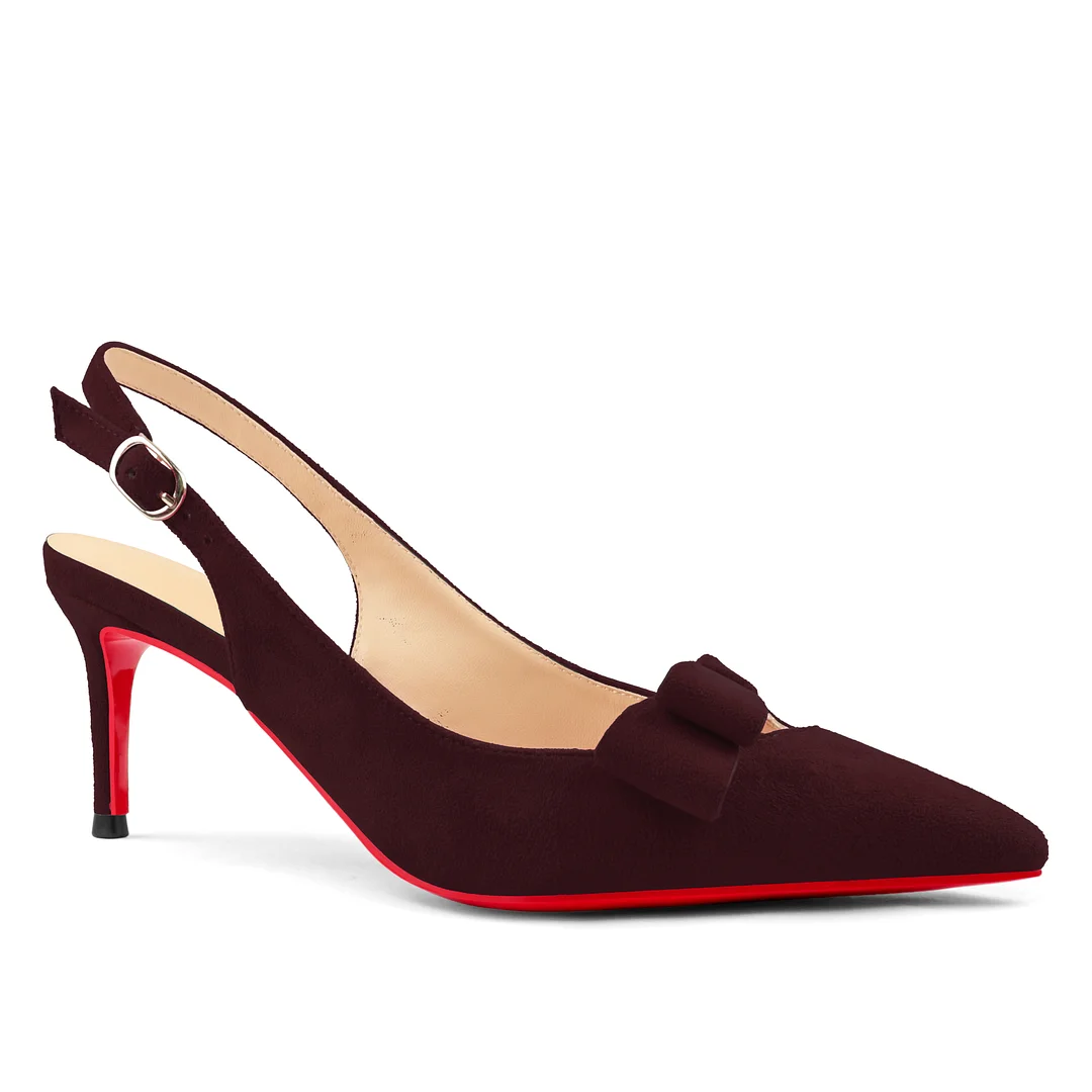 60mm Women's Pointed Toe Kitten Heels Bow-Knot Slingback Pumps Red Bottom Suede Sandals-MERUMOTE