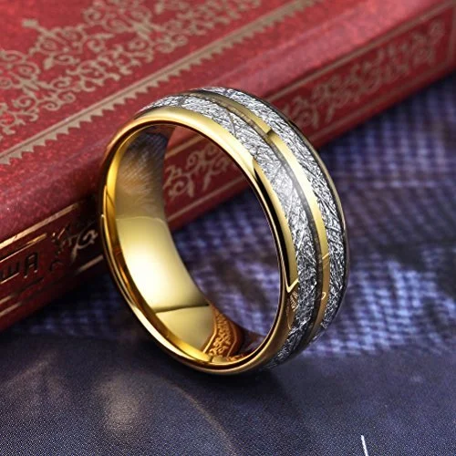 6MM 8MM Men's Or Women's Tungsten Carbide Wedding Matching Rings with Yellow Gold Double Line Inspired Meteorite Domed