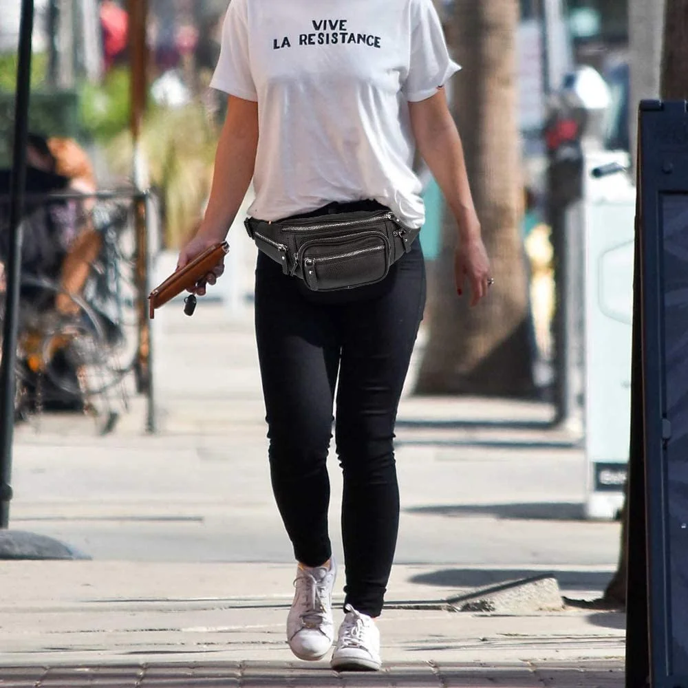 Fanny Pack Waist Bag Multifunction Genuine Leather Hip Bum Bag Travel Pouch for Men and Women- Multiple Pockets & Sturdy Zippers Ideal for Hiking Running And Cycling