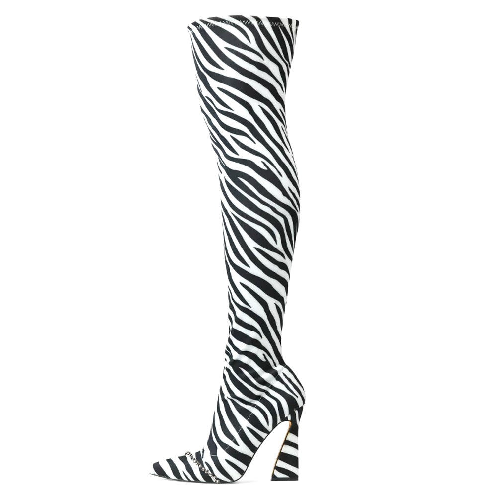 Zebra Strape Pointed Toe Boots Rhinestone Chain Block Heel Thigh High Boots Nicepairs