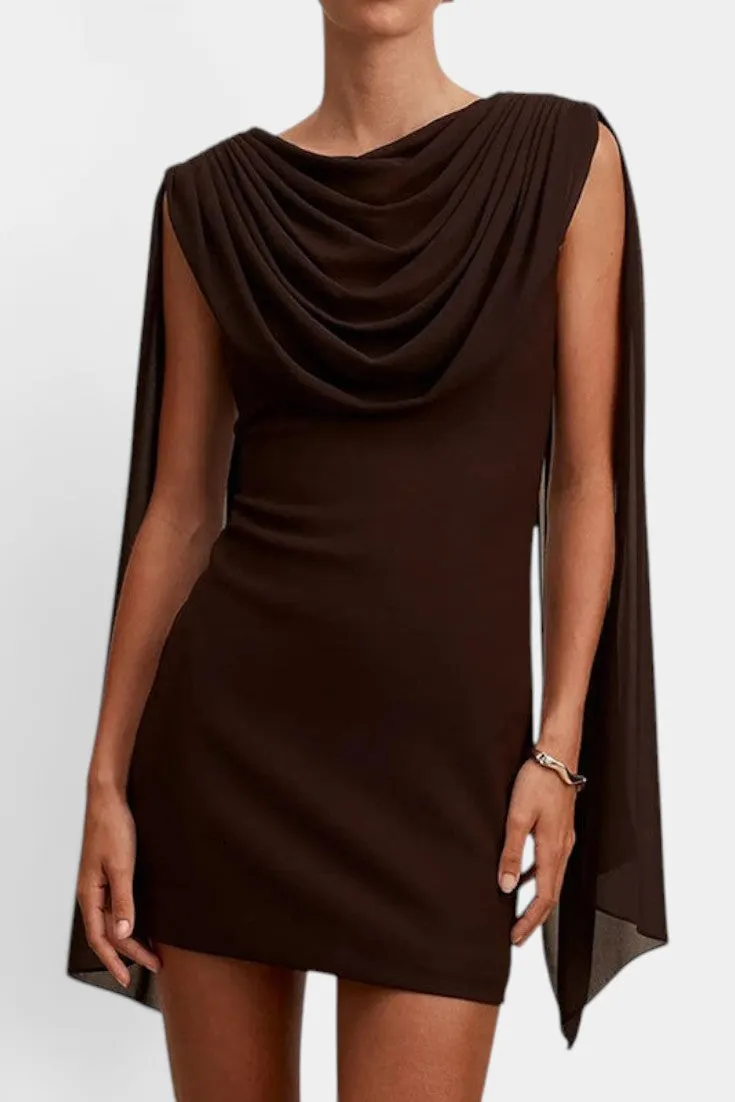 Cowl Neck Short Dress with Draped Cape