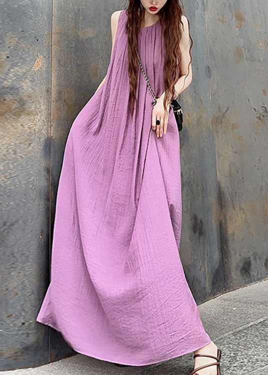 VCSHOES Purple O Neck Wrinkled Patchwork Cotton Maxi Dresses Sleeveless