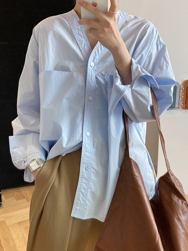 Solid Color Simple Long Sleeve V-Neck Shirt