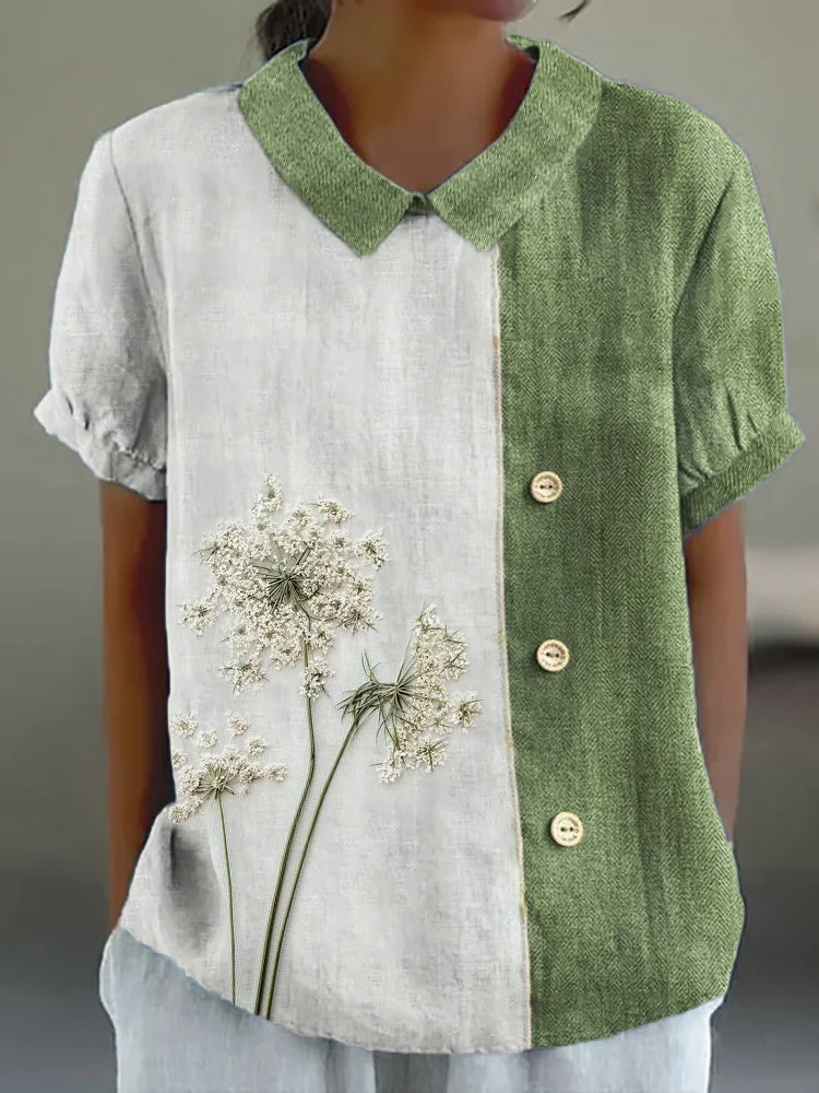 Dandelion Embroidered Contrast Color Linen Blend Tunic
