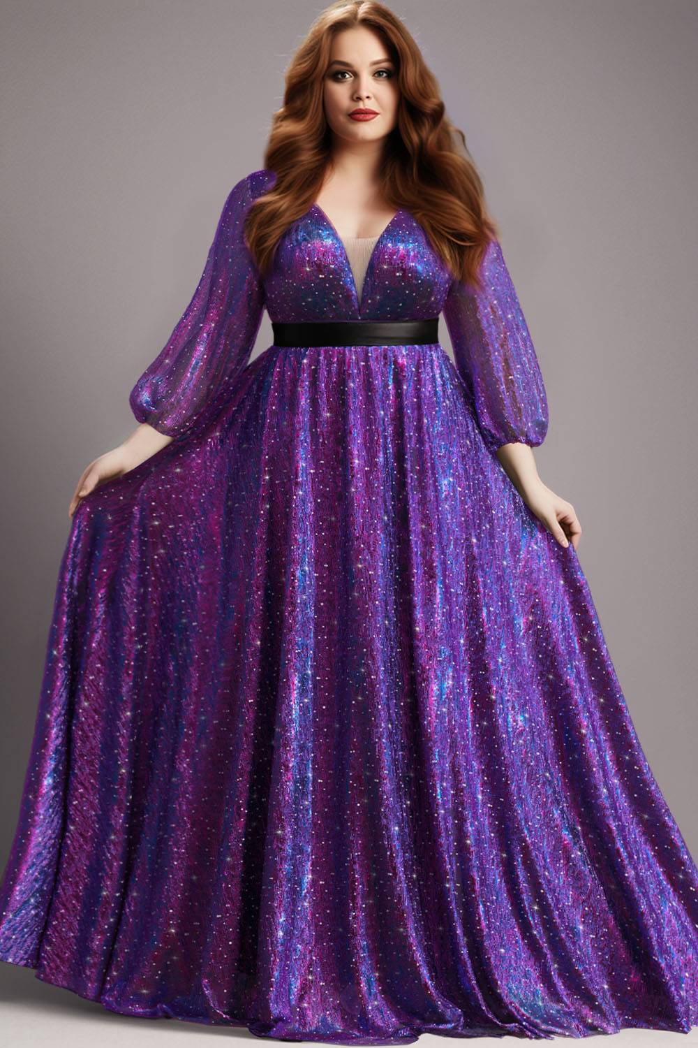 Flycurvy Plus Size Christmas Vibrant Purple Glitter Sparkly See-Through Lantern Sleeve Maxi Dress