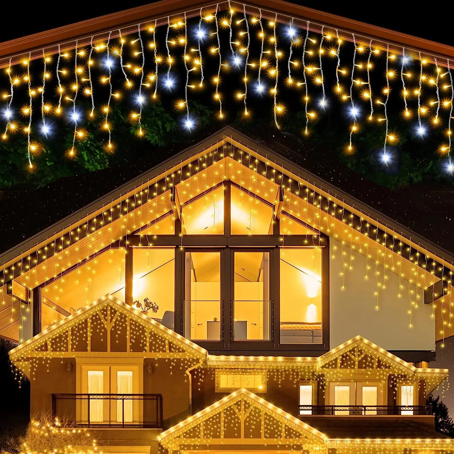 Tegooe Extendable Icicle LED Curtain Lights - Warm White Twinkle IP44 Rated