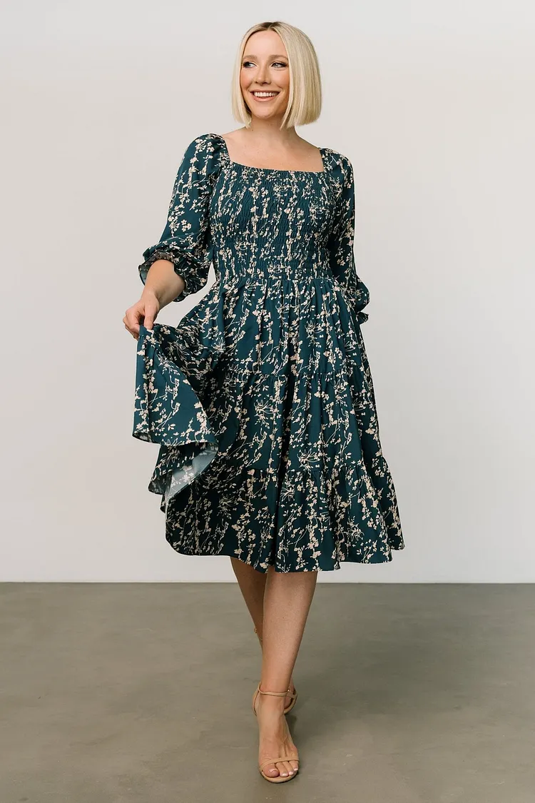 Smocked Floral Midi Dress - Topaz and Blush