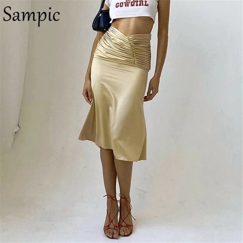 Sampic 2021 Summer Spring High Waisted Stain Women Long Bodycon Skirts Sexy Club Office Ladies Casual Apricot Vintage Skirt