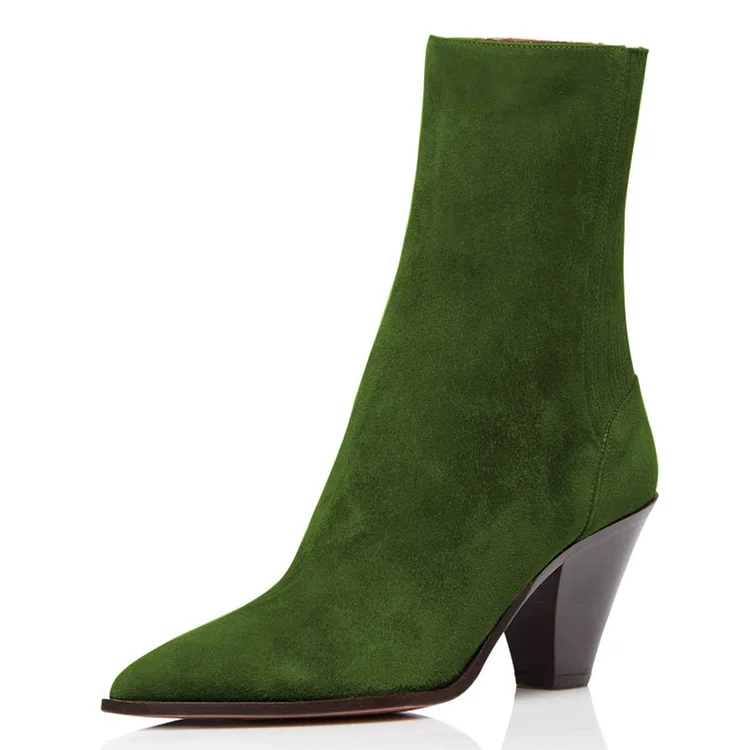 Army Green Vegan Suede Block Heel Ankle Cowgirl Boots by FSJ |FSJ Shoes