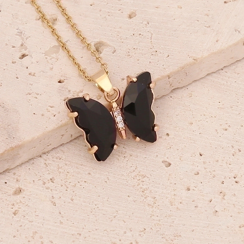 Stainless Steel 18K Gold Plated Fairy Style Inlay Butterfly Crystal Necklace