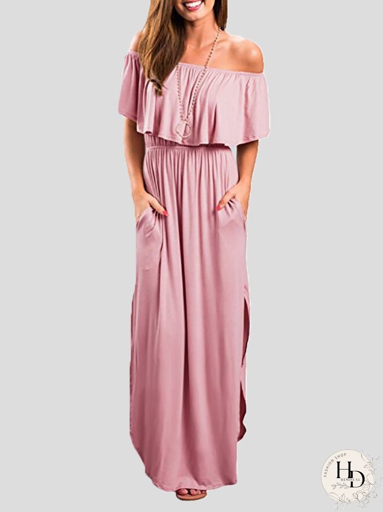 Dresses One-Shoulder Ruffled Pocket Slit Dress for Women
