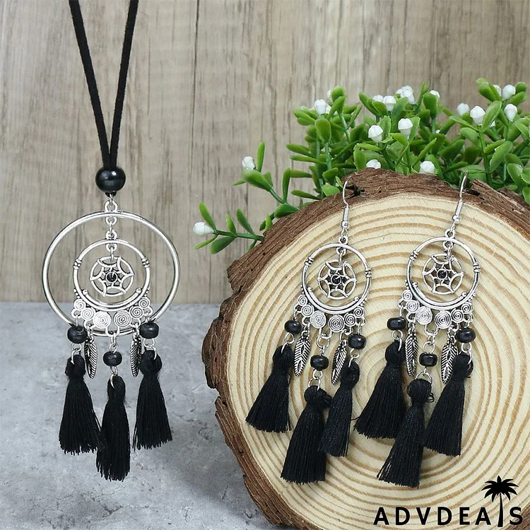 Women Fashion Bohemian Beach Style Shell Hollow Drop Tassel Earrings Necklace Jewelry Set