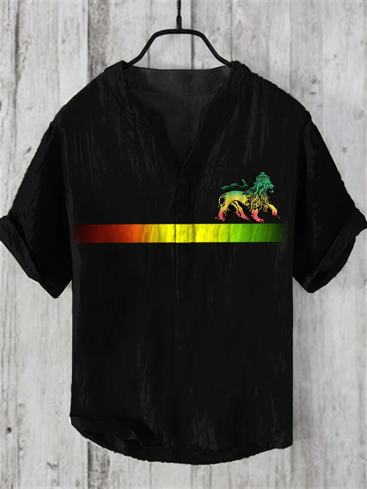 Men's Gradient Stripes Lion Reggae Art  Linen Blend Shirt
