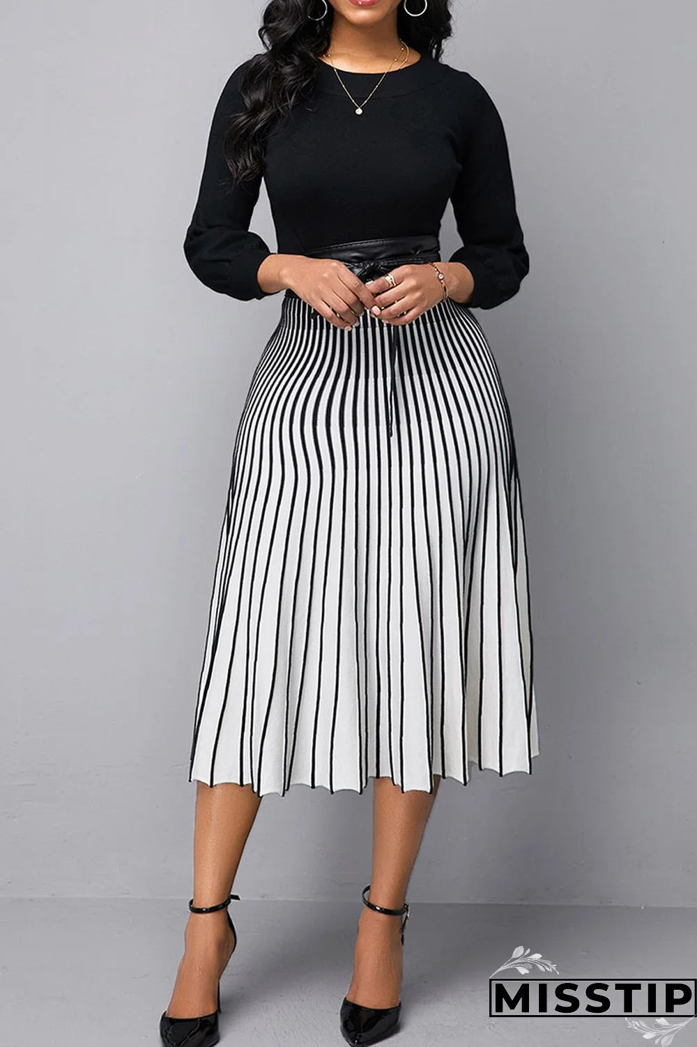 Black Casual Striped Print Patchwork O Neck A Line Dresses