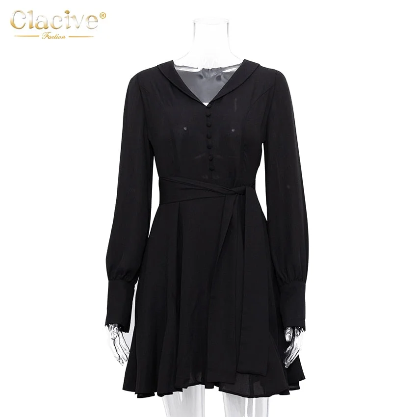 Clacive Winter V-Neck Black Casual Women Dress Elegant Long Sleeve Office Dresses Ladies Fashion Mini Dress For New Year 2022
