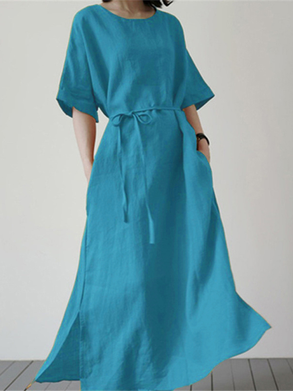 Mature Women Fashion Cotton Linen Loose Solid Color Short Sleeve Belt Slit Dress