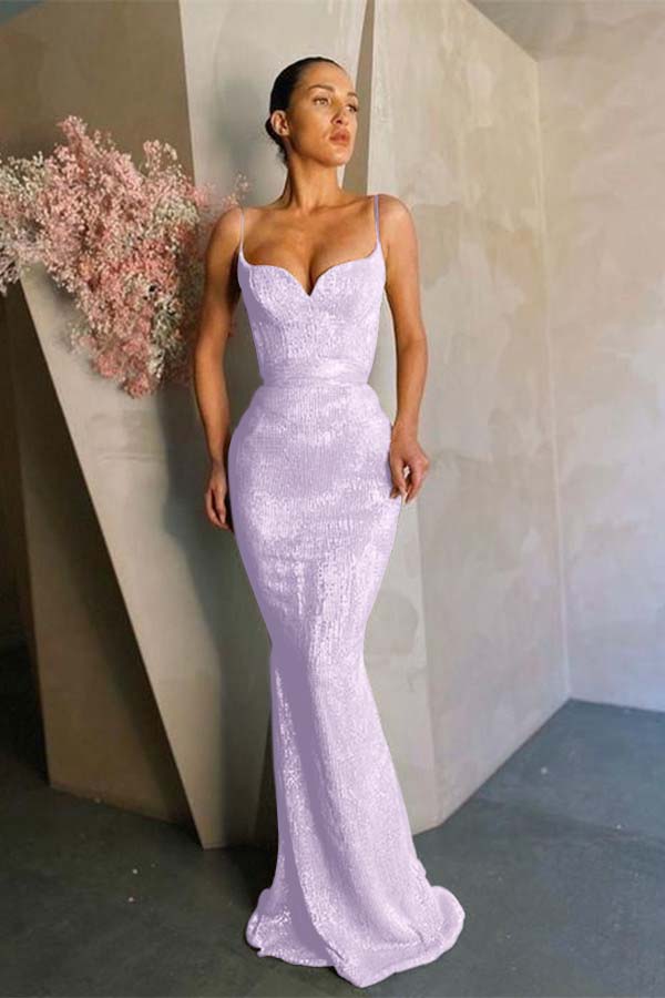 Lvs&Broner Gold Sequins Sweetheart Spaghetti-Straps Sleeveless Long Mermaid Prom Dress 