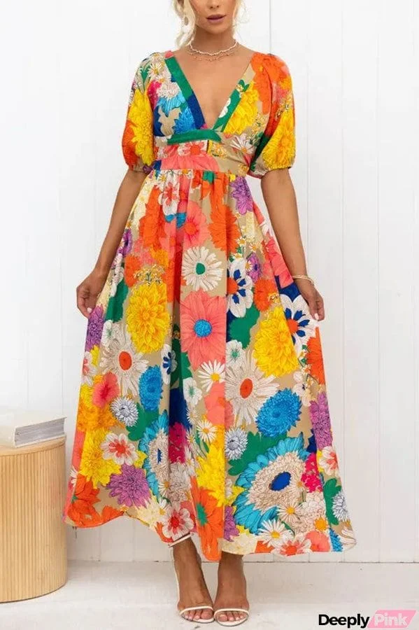 Floral Frenzy Printed Puff Sleeve Back Smocked Maxi Dress