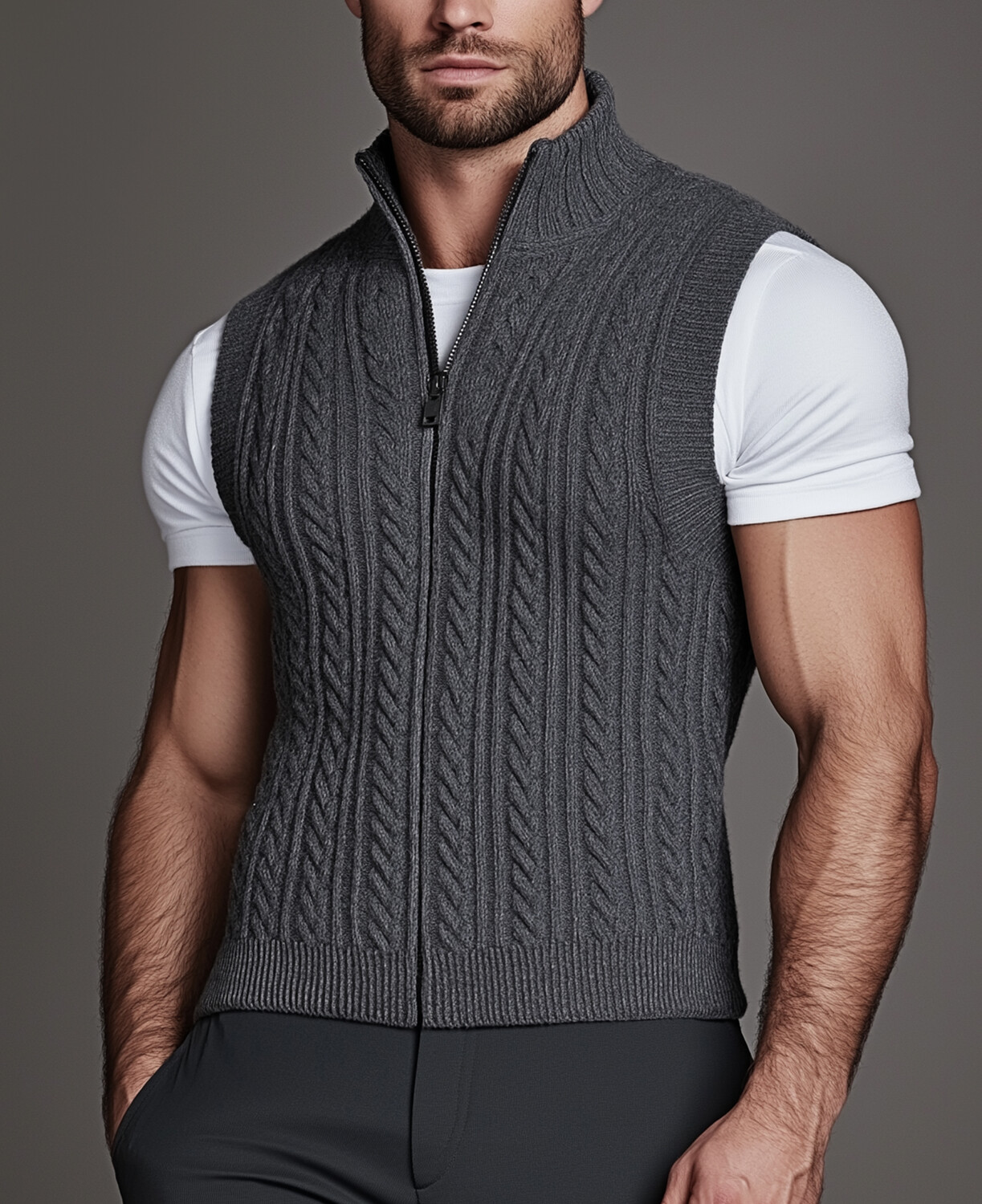 Okaywear Casual Cable Knit Stand Collar Zip Up Vest