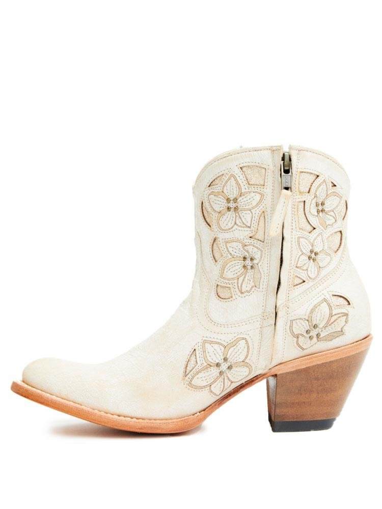 Floral Embroidered Zip Round Toe Slanted High Heel Western Ankle Boots