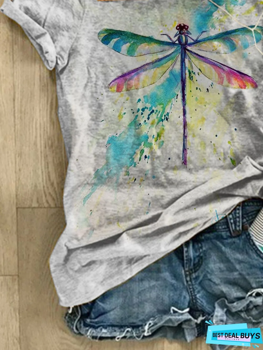 Animal Short Sleeve  Printed  Cotton-blend  Crew Neck  Casual  Summer Gray Top