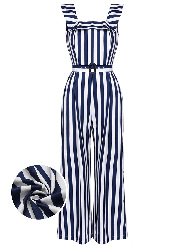 Blue 1950s Striped Ruffle Jumpsuit