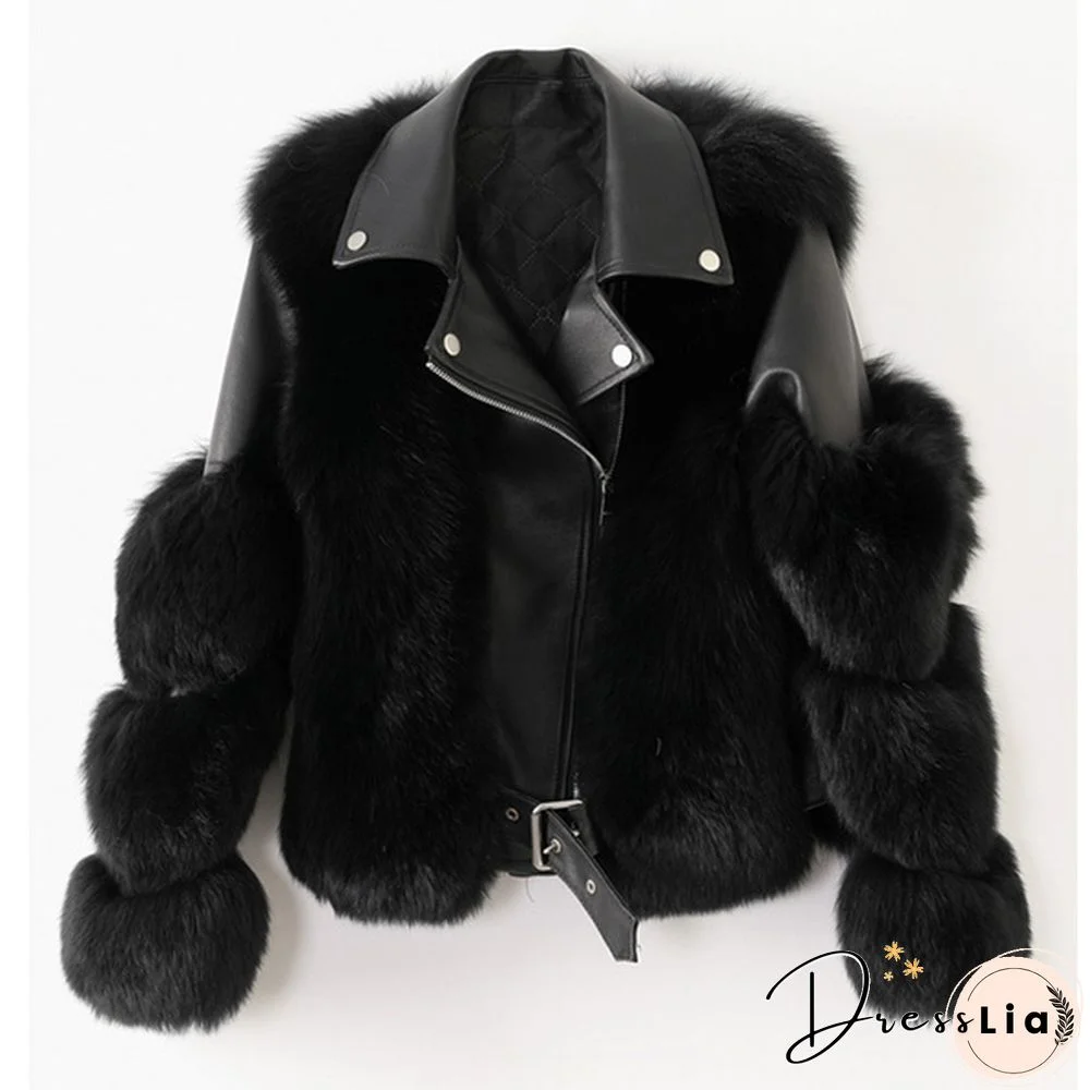 Women Faux Fur Coat with Fox Fur Winter Fashion New Motorcycle Style Luxury Fox Fur Leather Jackets Women Trendy Overcoats