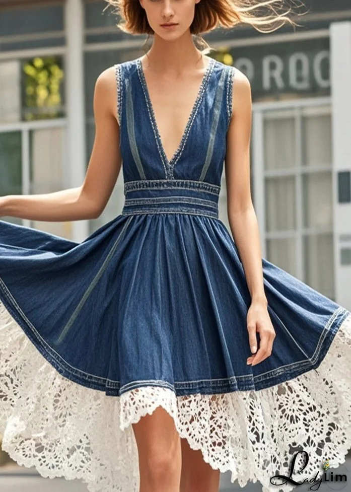 French Navy V Neck Patchwork Lace Denim Holiday Dress Summer