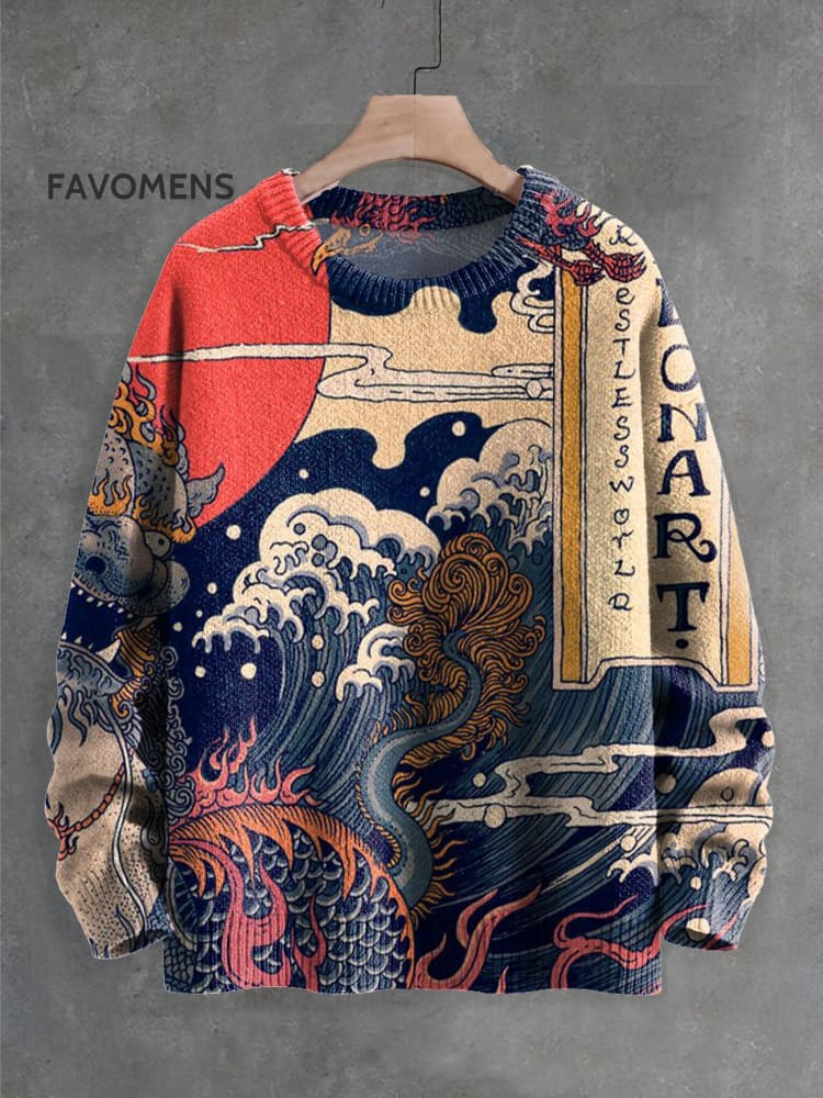 Vintage Japanese Art Ukiyoe Wave Painting Print Knit Pullover Sweater Multicolor / S