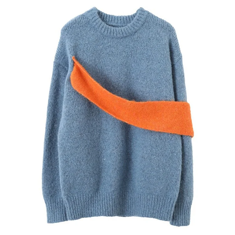 Fashion Solid Color Round Neck Splicing Orange Band Long Sleeve Knitted Sweater