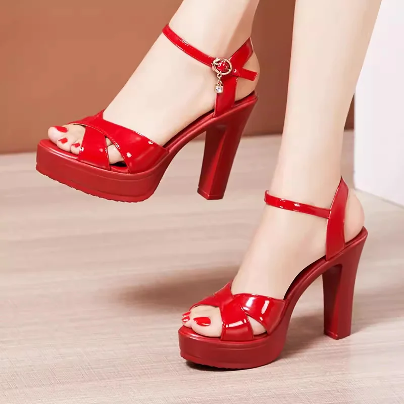 Breakj Breakj Show Artifact Model High Heel Sandals Leather Thick Heel Waterproof Counter 11Cm Cross-Band Hollow Performance Sandals Women Summer