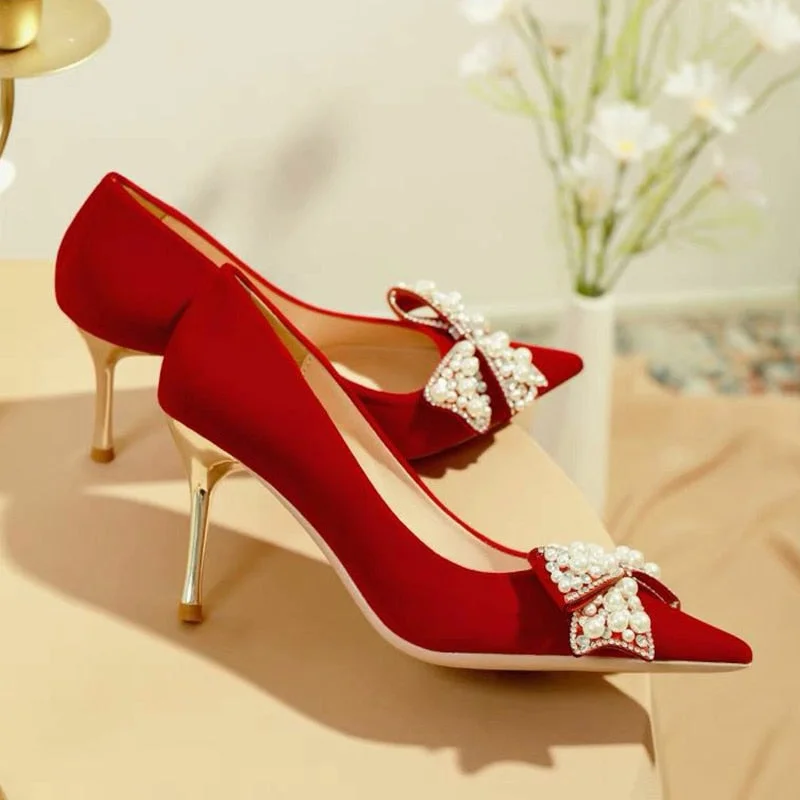 Sexy Red Velvet Wedding Shoes For Women 2022 Luxury Pearl Bowknot Pointed Toe Pumps Woman Stiletto High Heels Dress Shoes